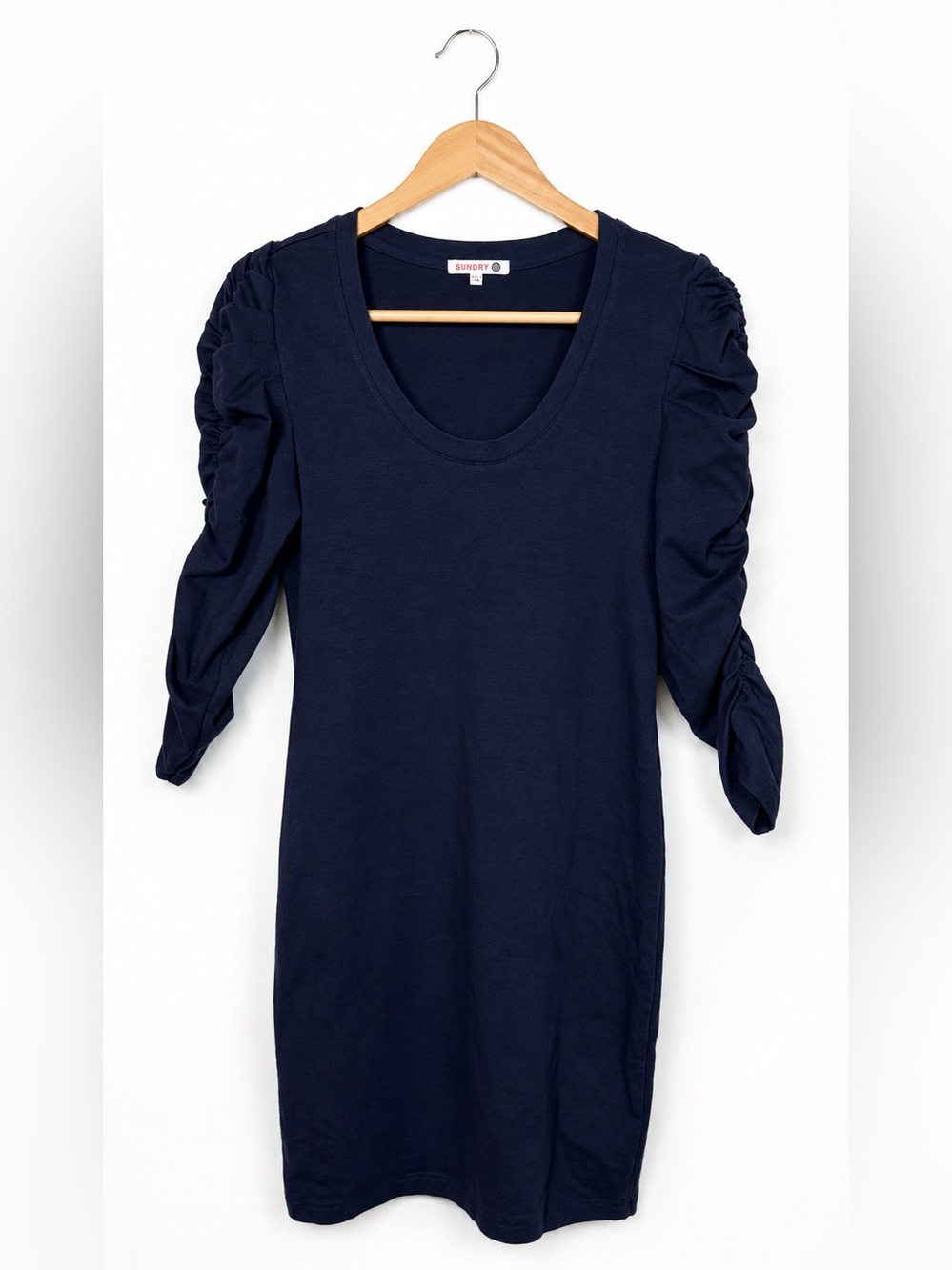 Sundry Navy Ruched Sleeve T-Shirt Dress Small Stretch Knit Casual Chic